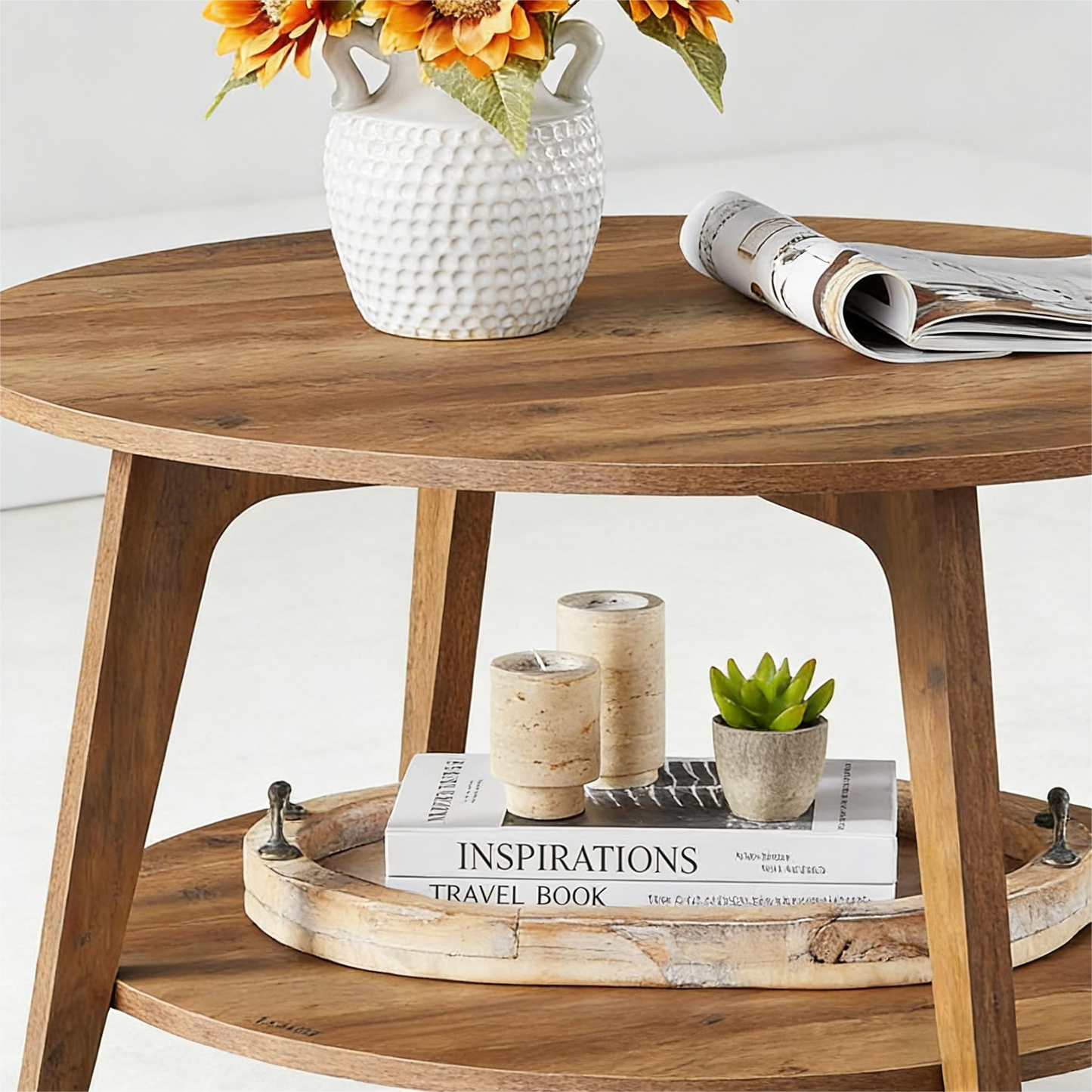 Dual-Tier Round Coffee Table – Natural Style for Living Spaces
