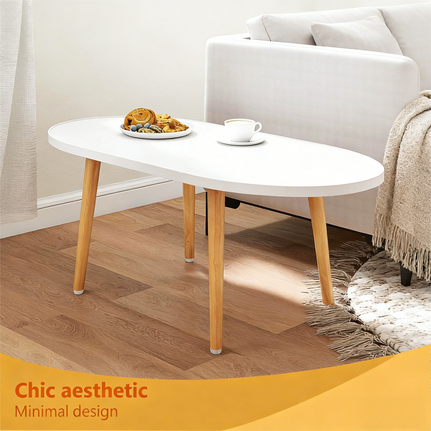 Minimalist Oval Coffee Table with Wooden Legs