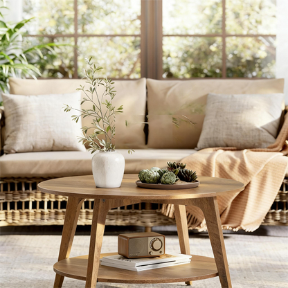 Dual-Tier Round Coffee Table – Natural Style for Living Spaces